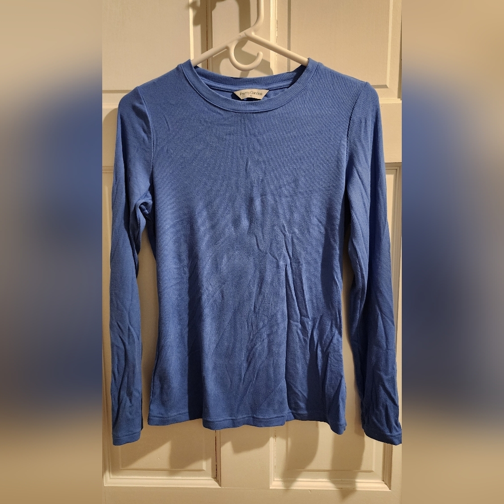 Grace Karin Blue Ribbed Long Sleeve Top
